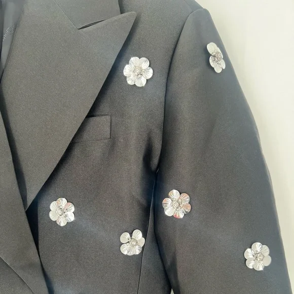 Sandro Flower Floral 3D Embellished Cropped Double Breasted Blazer Satin Jacket - Picture 4 of 9
